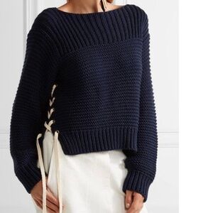 Ulla Johnson Navy Elliot Ribbed Knit Sweater tie side rope
